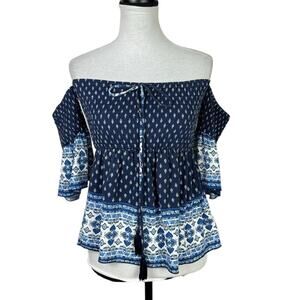 A.T.A.P. All Things Are Possible | Blue Printed Off Shoulder Smocked Western Top